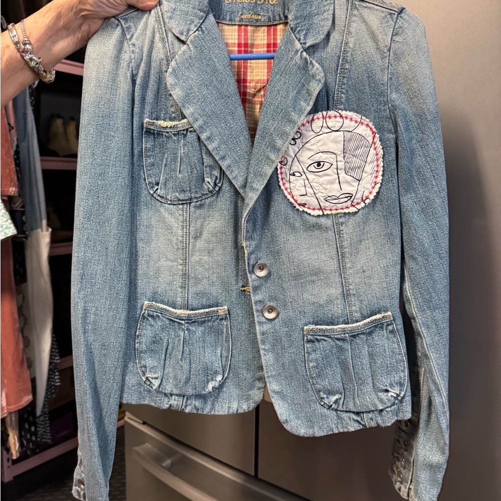 Miss Me Blue Denim Jacket with Artistic Face Patch - Picture 1 of 5